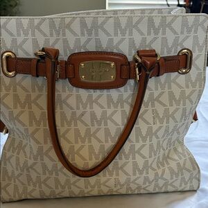 Michael Kors Cream and Brown MK Logo Tote with Gold Hardware